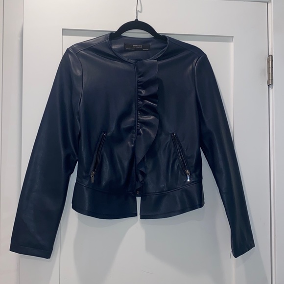 Navy Blue pleather jacket with Frill - Picture 2 of 5
